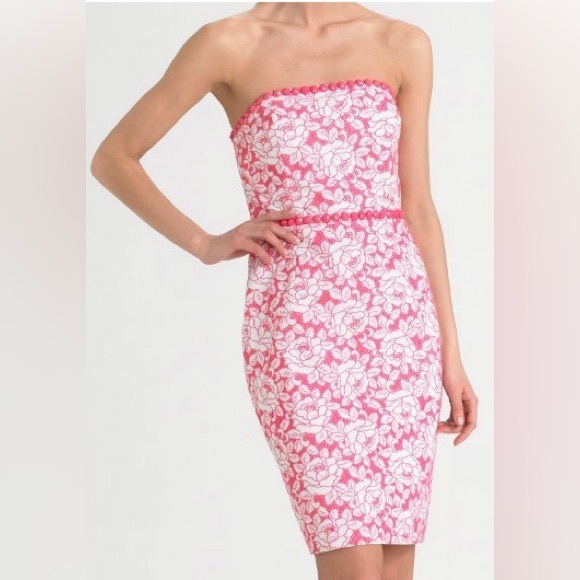 Lilly Pulitzer Allegra White Pink Roses Beaded Strapless Eyelet Lace‎ Dress - Picture 2 of 5